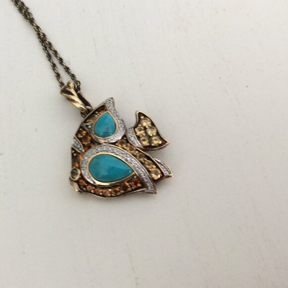Whimsical turquoise citrine diamond chips fish necklace 925 vermeil 18k